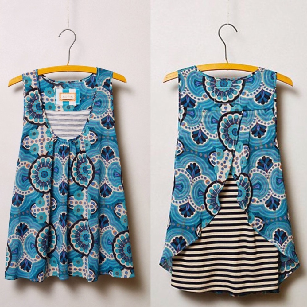 Anthropologie Blue Teal Patterned Layered Tank